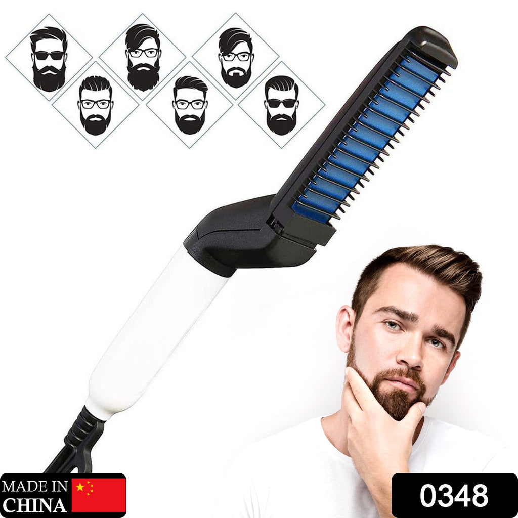 Close-up of the Men's Hair & Beard Straightener, highlighting its comb and heating plate.