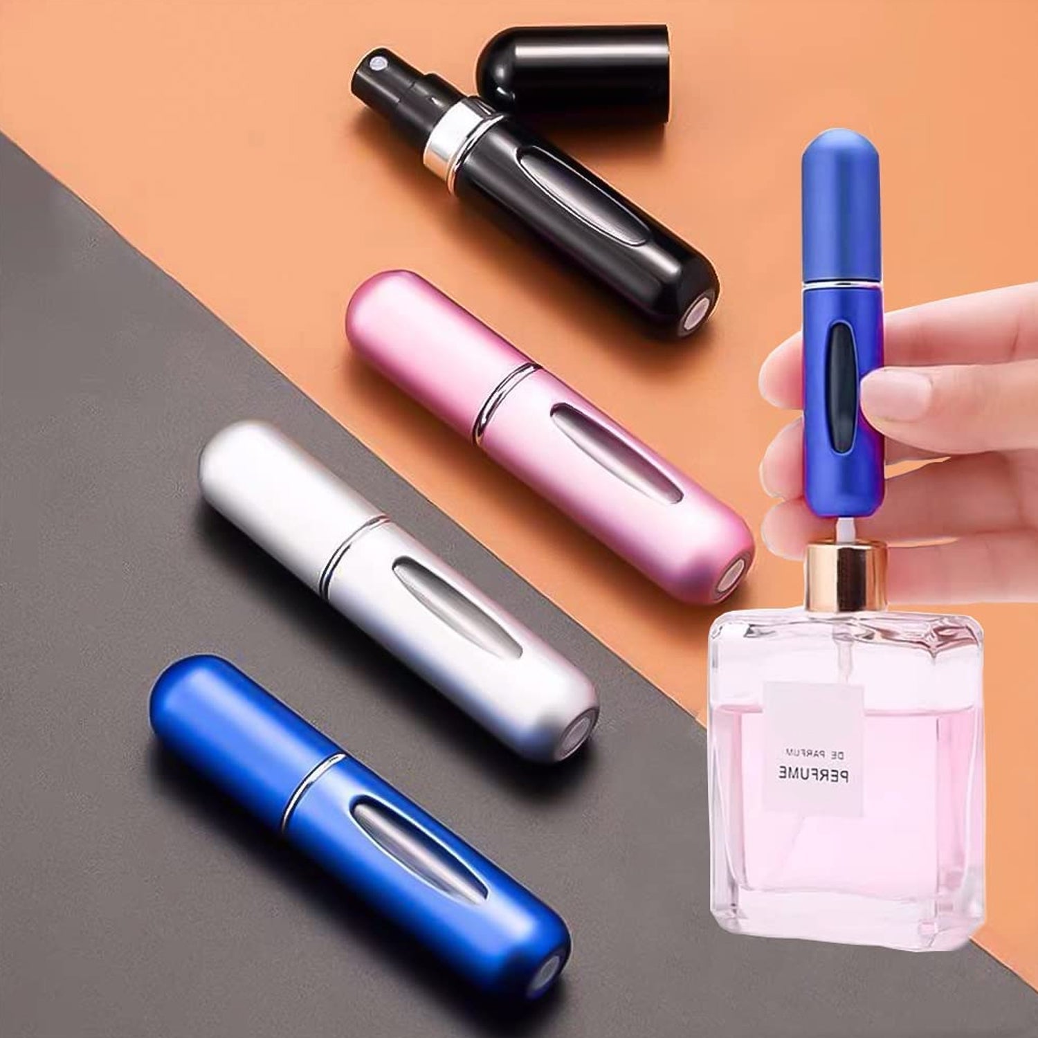 Elegant black refillable perfume bottle, ideal for evening use or gifting.