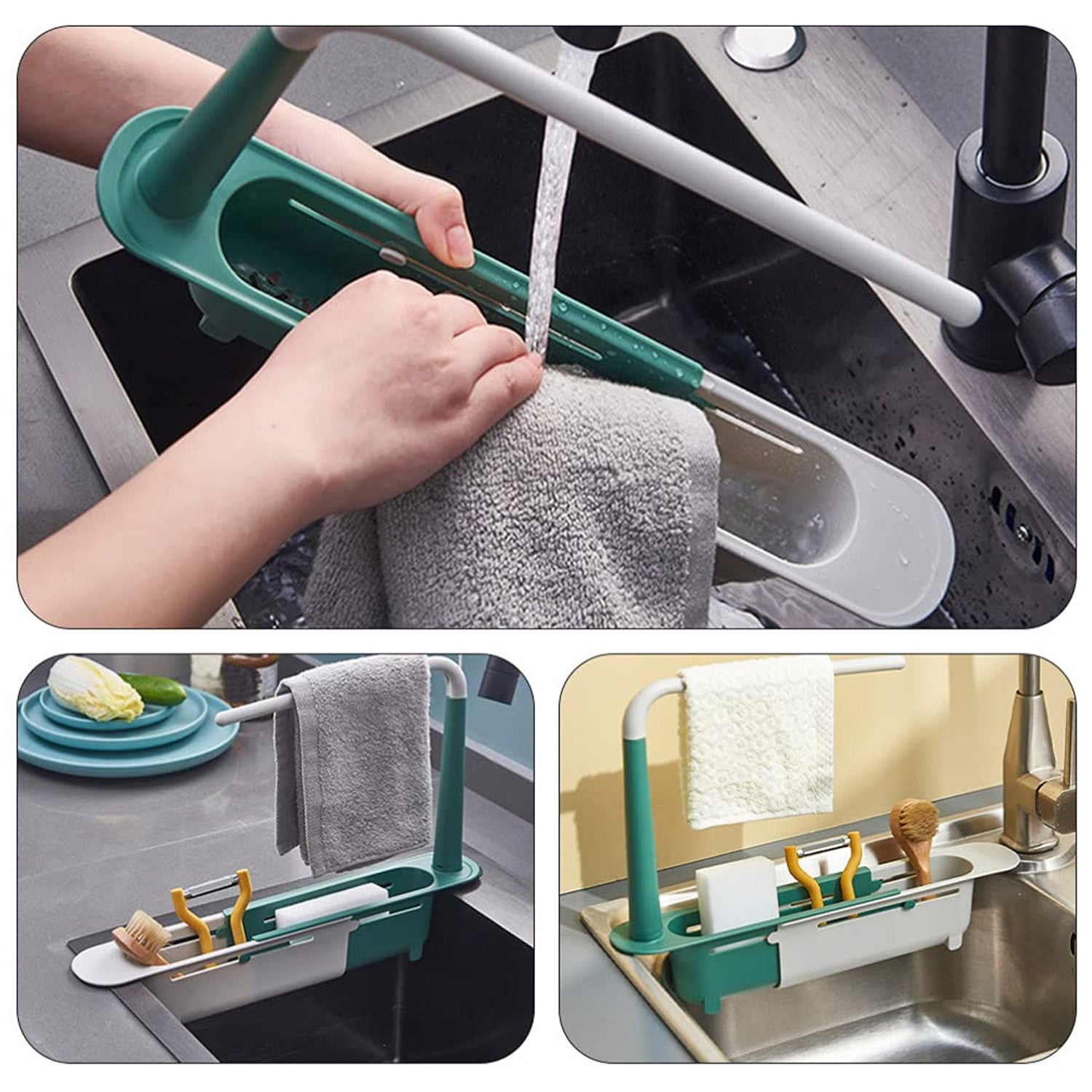 Kitchen sink with an expandable dish drying rack, neatly organizing washing accessories and drying dishes.