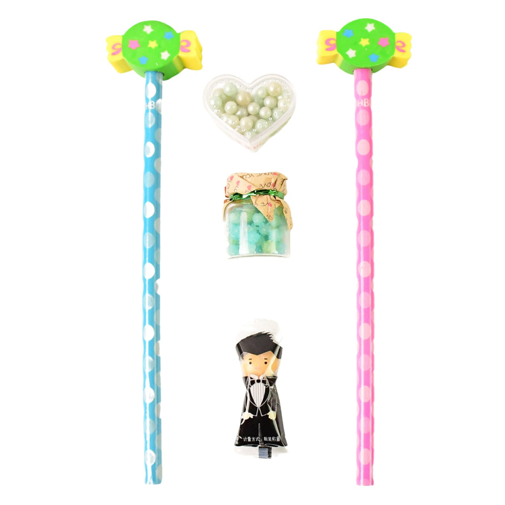 Vibrant candy-inspired pencil set with eraser and mini storage jars