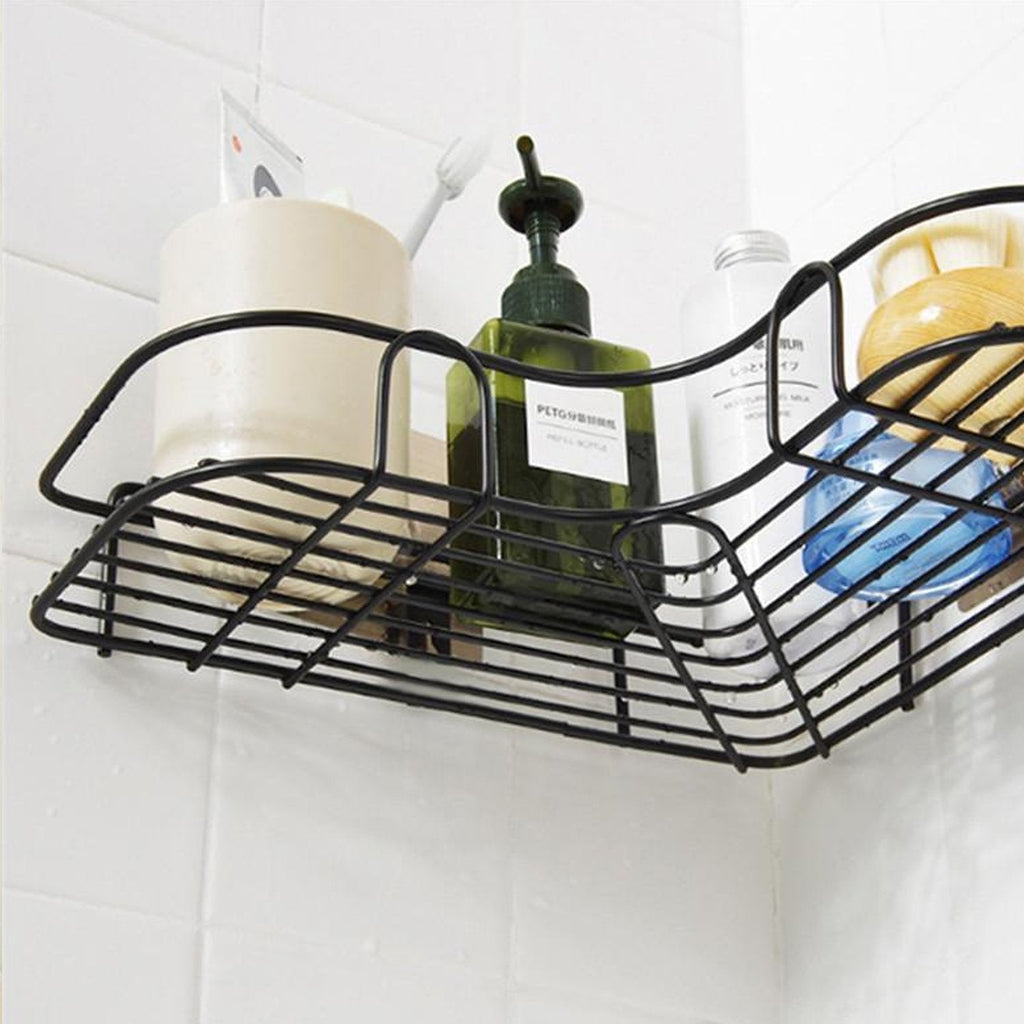 Detailed view of the sleek design of the self-adhesive corner shelf.