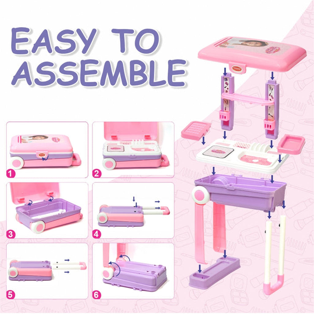 Graphic highlighting the key features and dimensions of the children's beauty trolley.