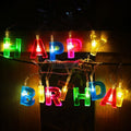 Happy Birthday LED string lights spelling letters in multicolour on a wall