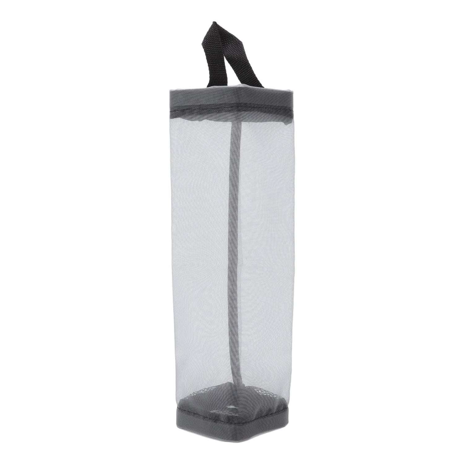 Close-up of the hanging waste bag holder's handle securely attached to a kitchen hook.