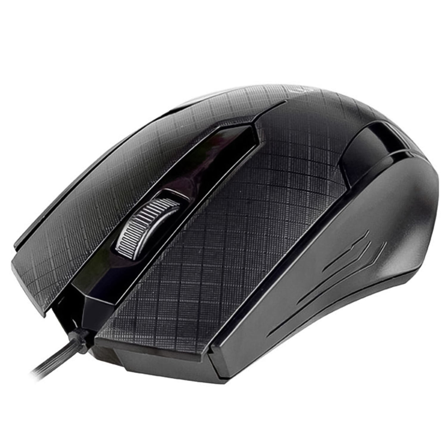 Comfortable wired optical mouse with an ergonomic design for extended use.