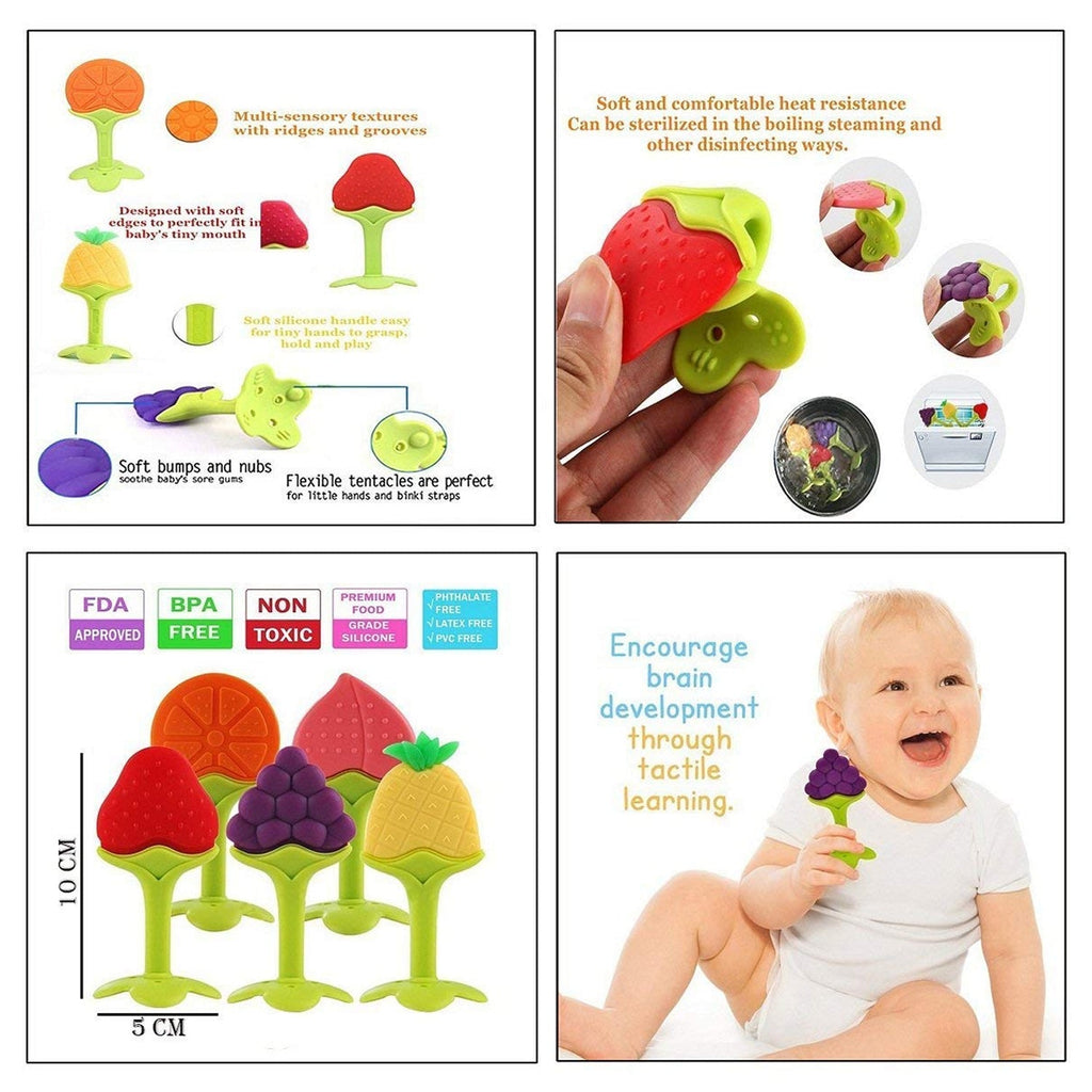 Brightly colored fruit-shaped baby teether, perfect for soothing.