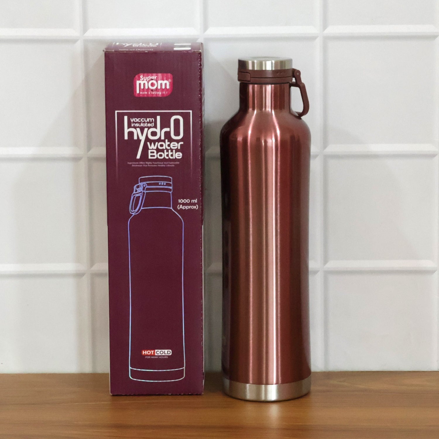 Side view of Supermom 1000ml insulated stainless steel water bottle