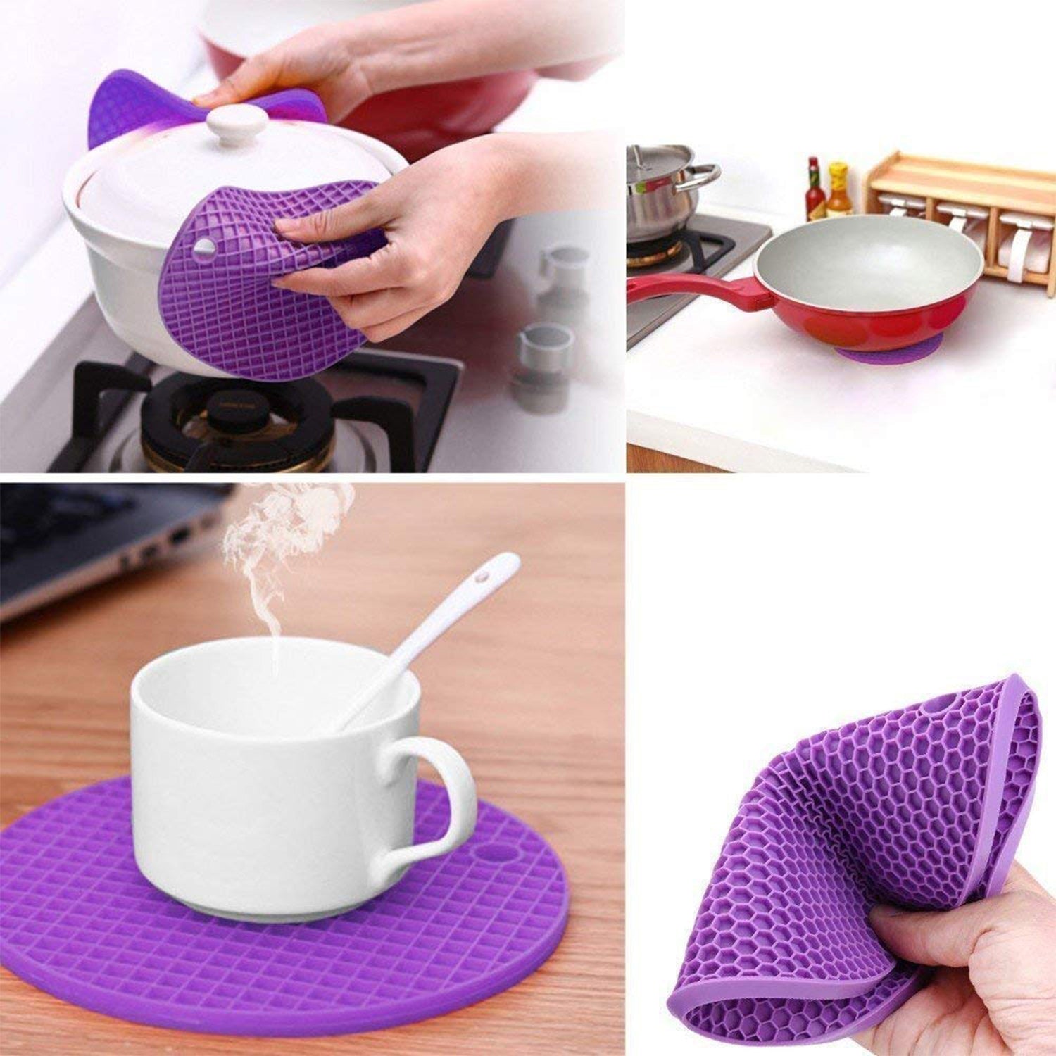 A set of four vibrant silicone hot pot mats in red, yellow, green, and blue.