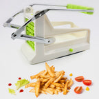 Hand demonstrating the French fry cutter in action, slicing potatoes.