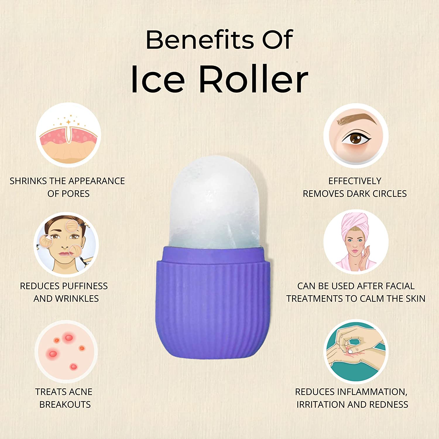 Angled view of the GlowForm purple ice roller, highlighting its ergonomic shape.