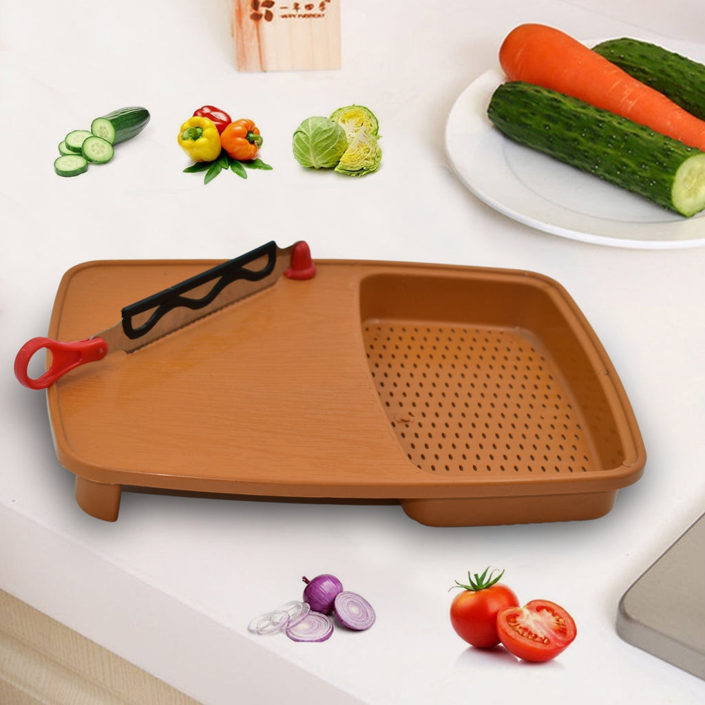 Thick plastic cutting board with integrated holder and a grey silicone base.