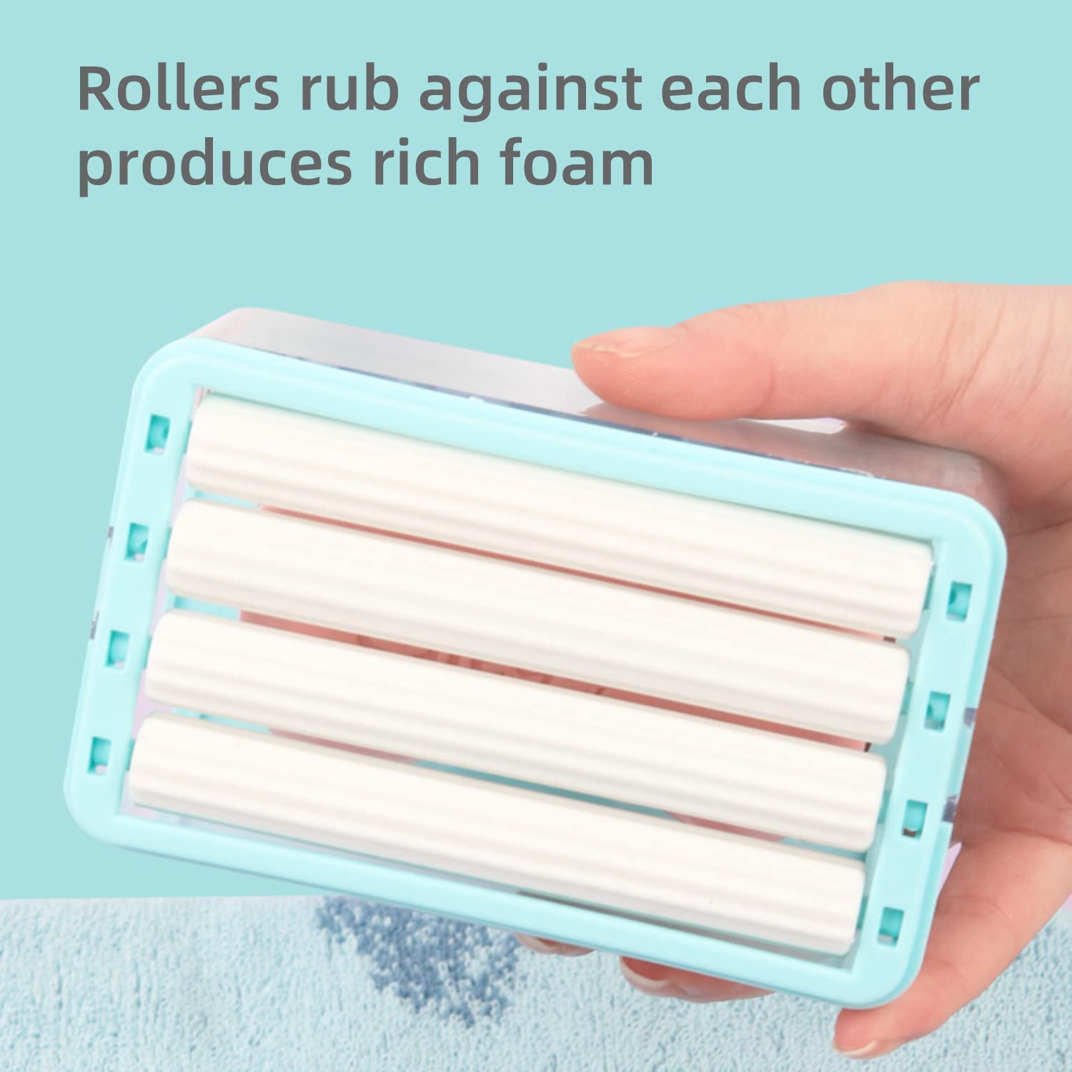 User demonstrating the easy lathering of the detergent bar using the soap roller.