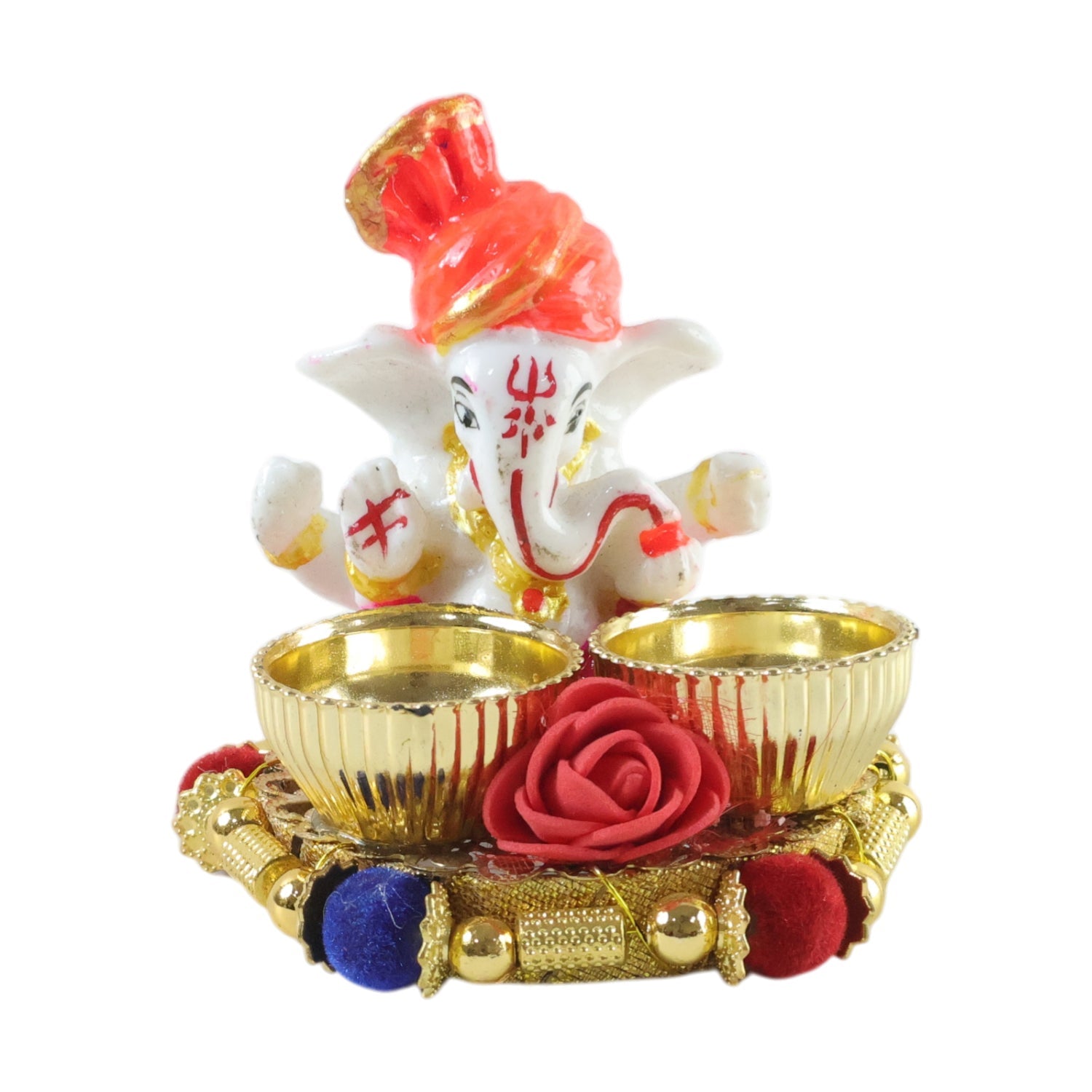Hindu prayer thali set with vibrant decorative design