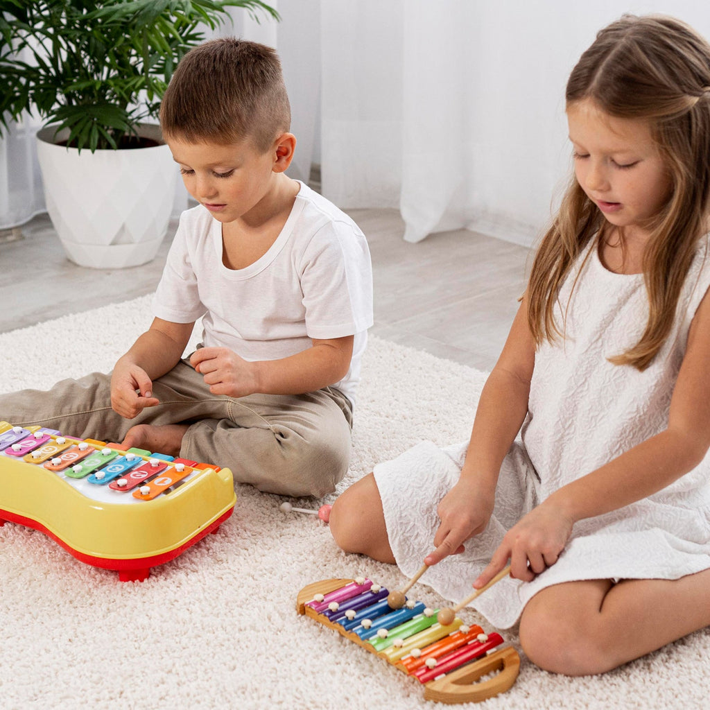 Vibrant 2-in-1 Baby Piano Xylophone toy with colorful keys and metal bars.