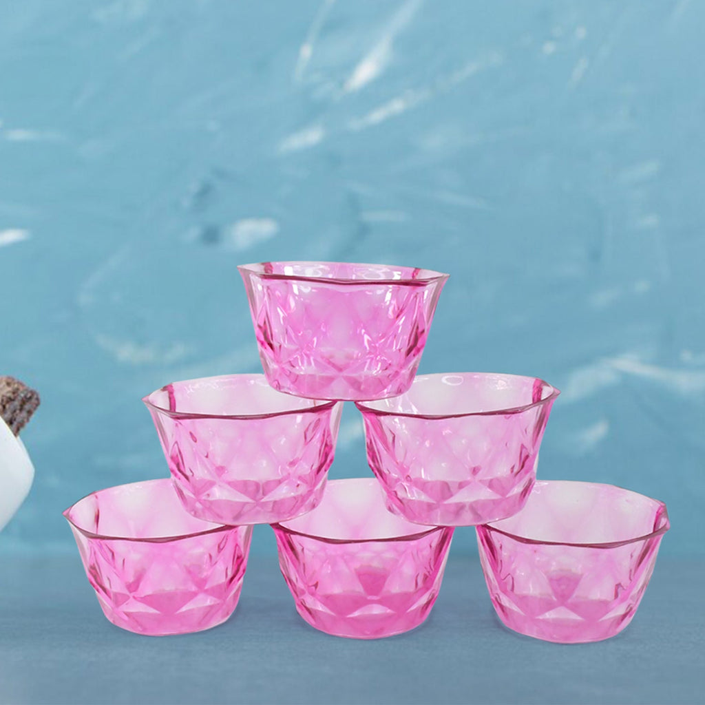 Group of 6 plastic bowls, highlighting their diamond cut design.