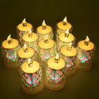 Decorative LED tealight candles emitting a soft, warm yellow flicker, perfect for ambient lighting.