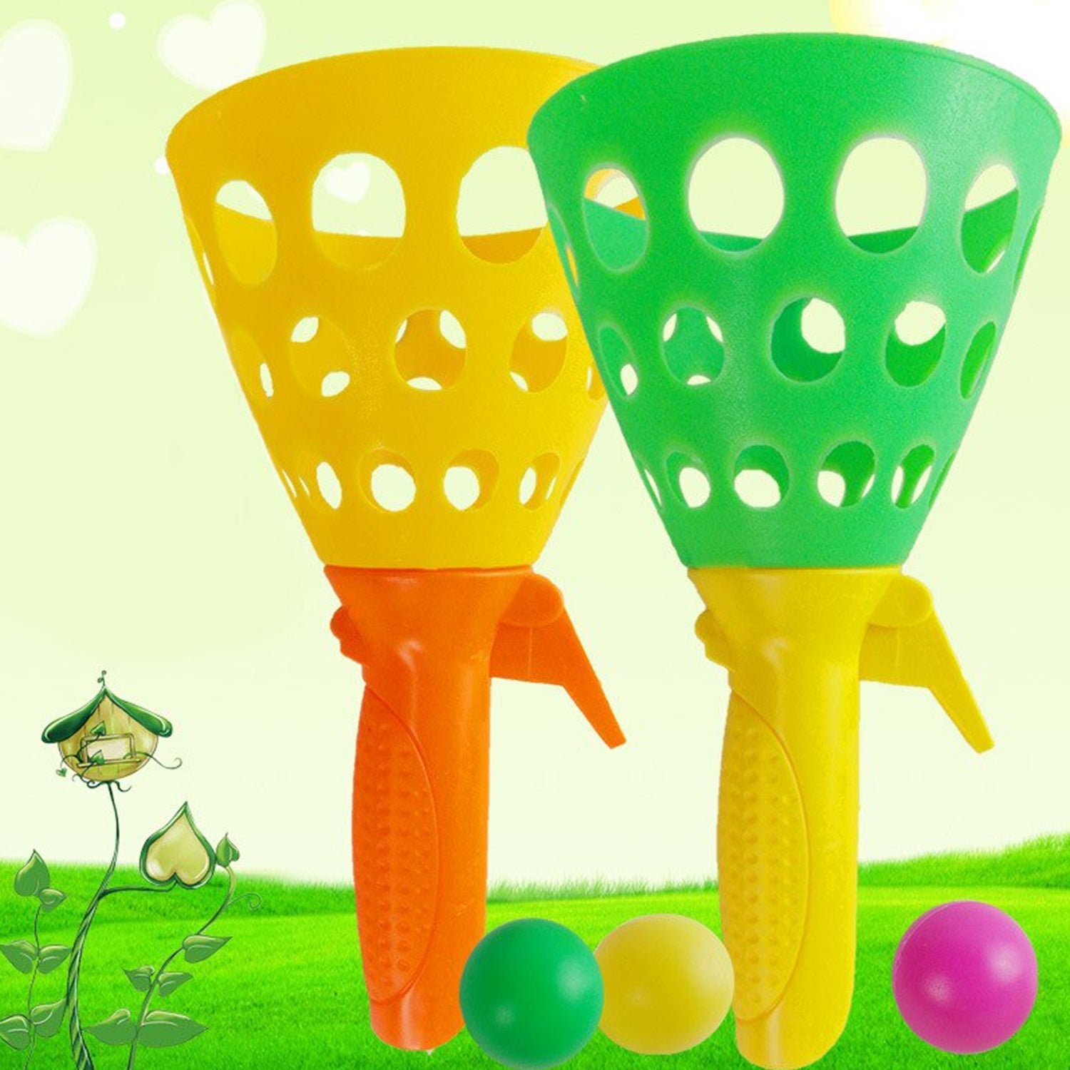Happy child playing with the vibrant catapult ball toy in a sunny outdoor setting.