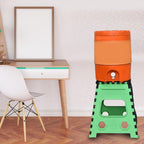 Versatile 18-inch brown folding stool being used by an adult for a high shelf.