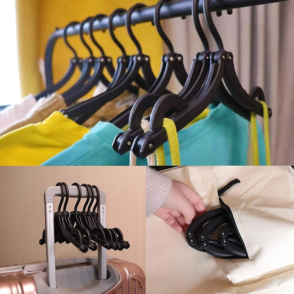 Collection of 10 portable folding hangers suitable for adult and children's clothing.