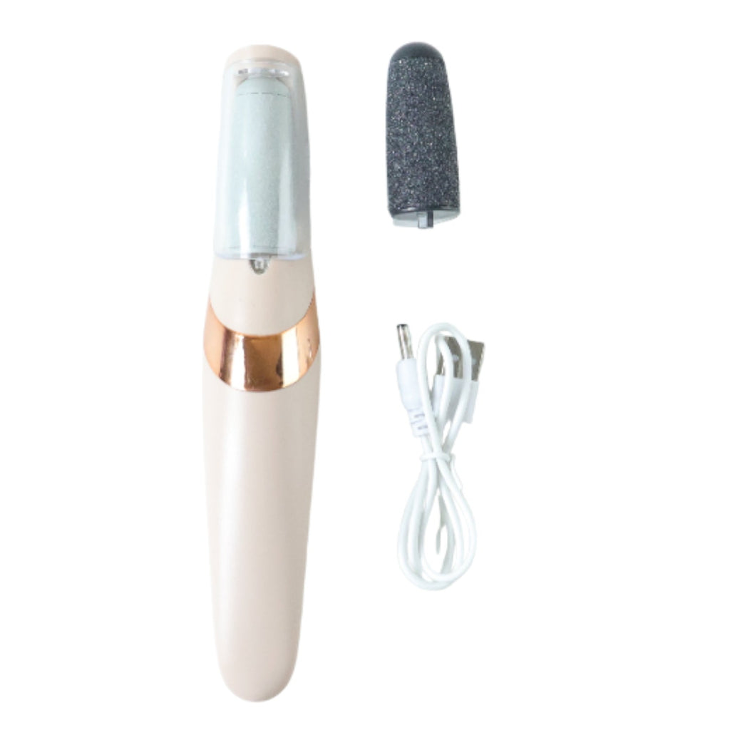 Ergonomic electronic pedicure tool held comfortably in hand, showcasing its compact design.