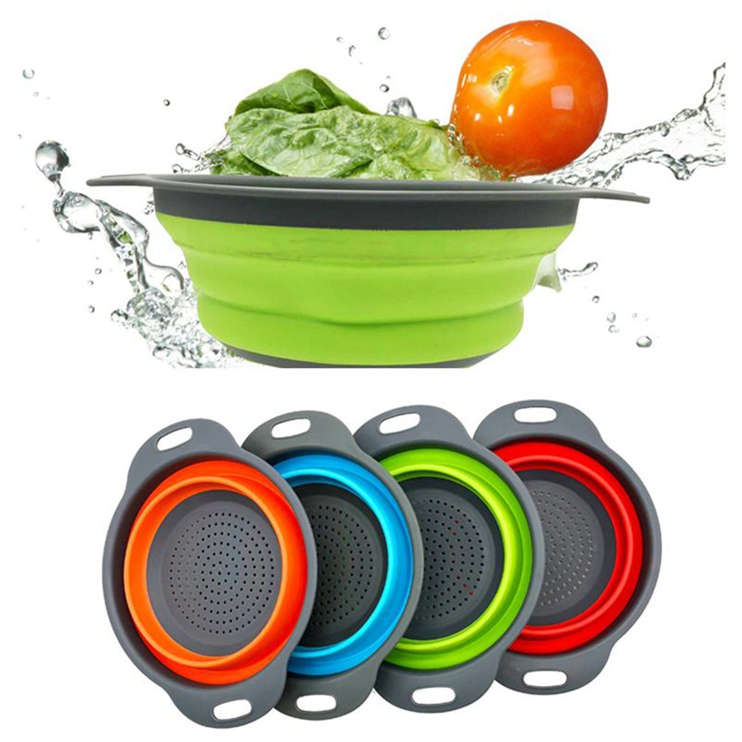Foldable silicone strainer in use, draining pasta.