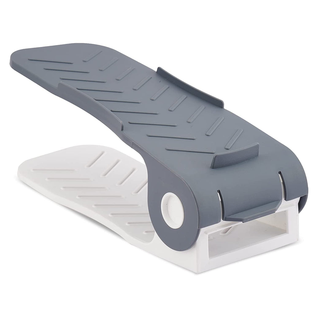 Adjustable shoe organizer providing efficient space-saving storage for one pair of shoes.