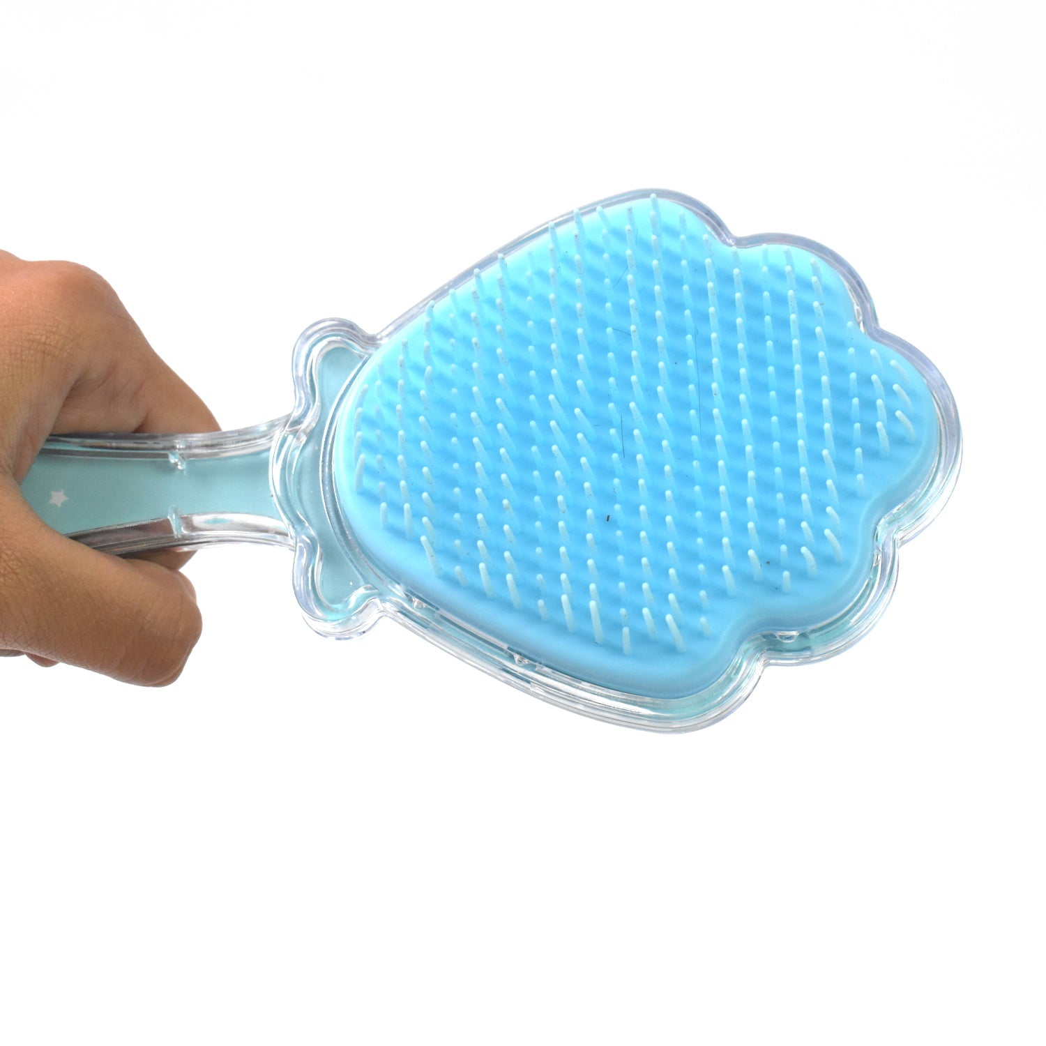 Top-down view of a colorful kids' detangling hair brush, perfect for making hair care fun.