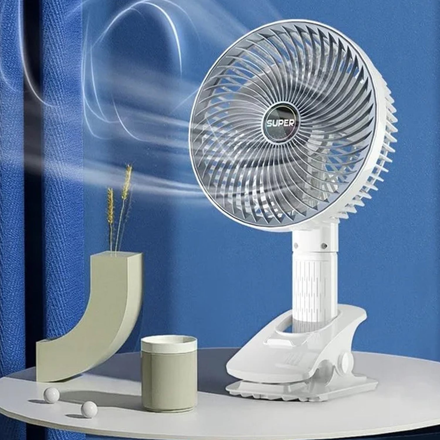 Side angle of portable USB fan illustrating multi-use functionality