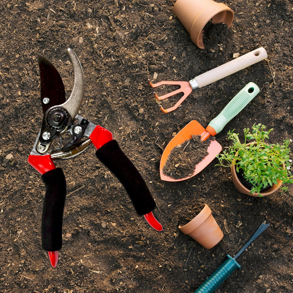 Close-up of sharp red garden shears blade and ergonomic handle.