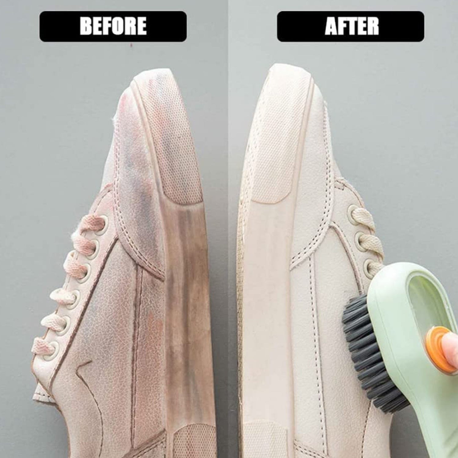 Cleaning brush in action, scrubbing clothes with integrated soap dispenser.