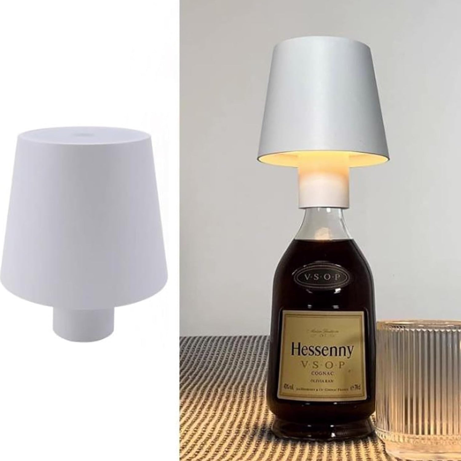 LED bottle lamp functioning as a wireless table light in a stylish restaurant setting.