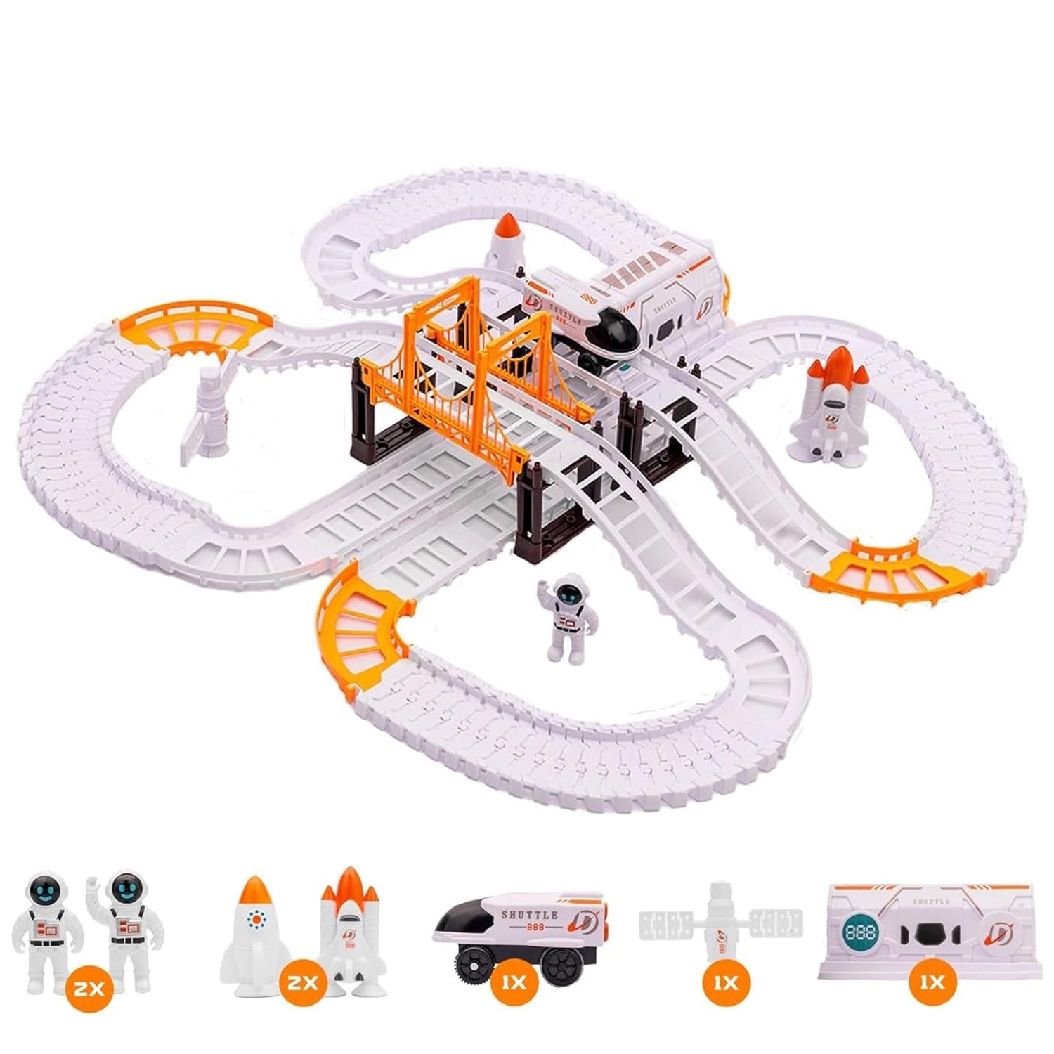 Overhead view of the complete Space Race Track Set layout with shuttle car.