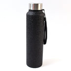 Durable 18/8 stainless steel construction shown on black water bottle