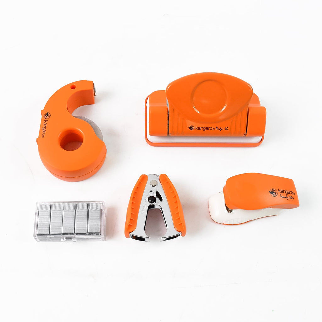 Individual stationery items from Kangaro 5-in-1 set on desk