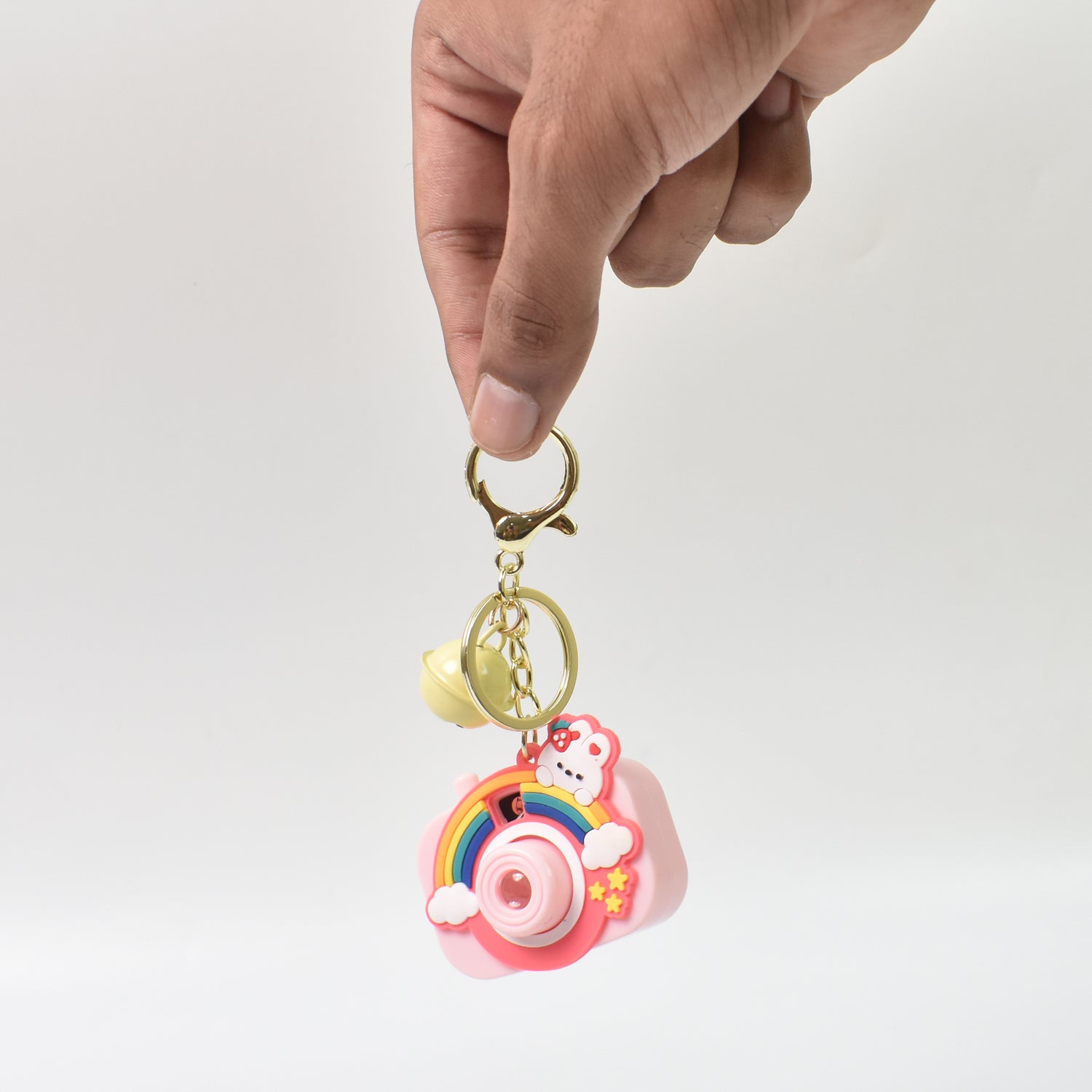 Close-up of colorful enamel finish on projective camera keychain