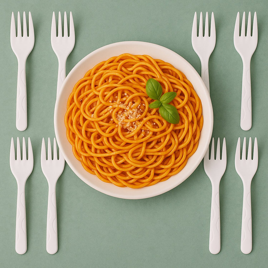 Stacked 10 compostable bagasse forks illustrating eco-friendly disposable cutlery