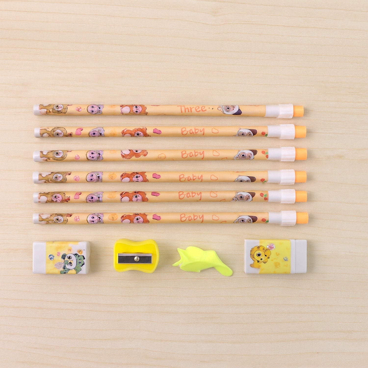 Full stationery kit including ruler, protractor, pencils, and eraser in geometry box