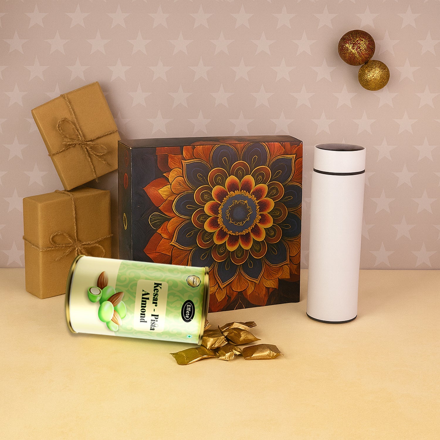 Complete Kesar Pista Almonds Chocolate Gift Hamper with reusable stainless steel bottle