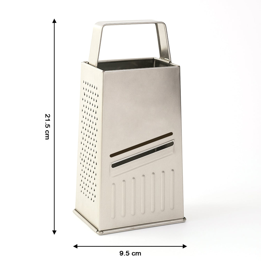 Box-style stainless steel grater placed on kitchen counter for food preparation.