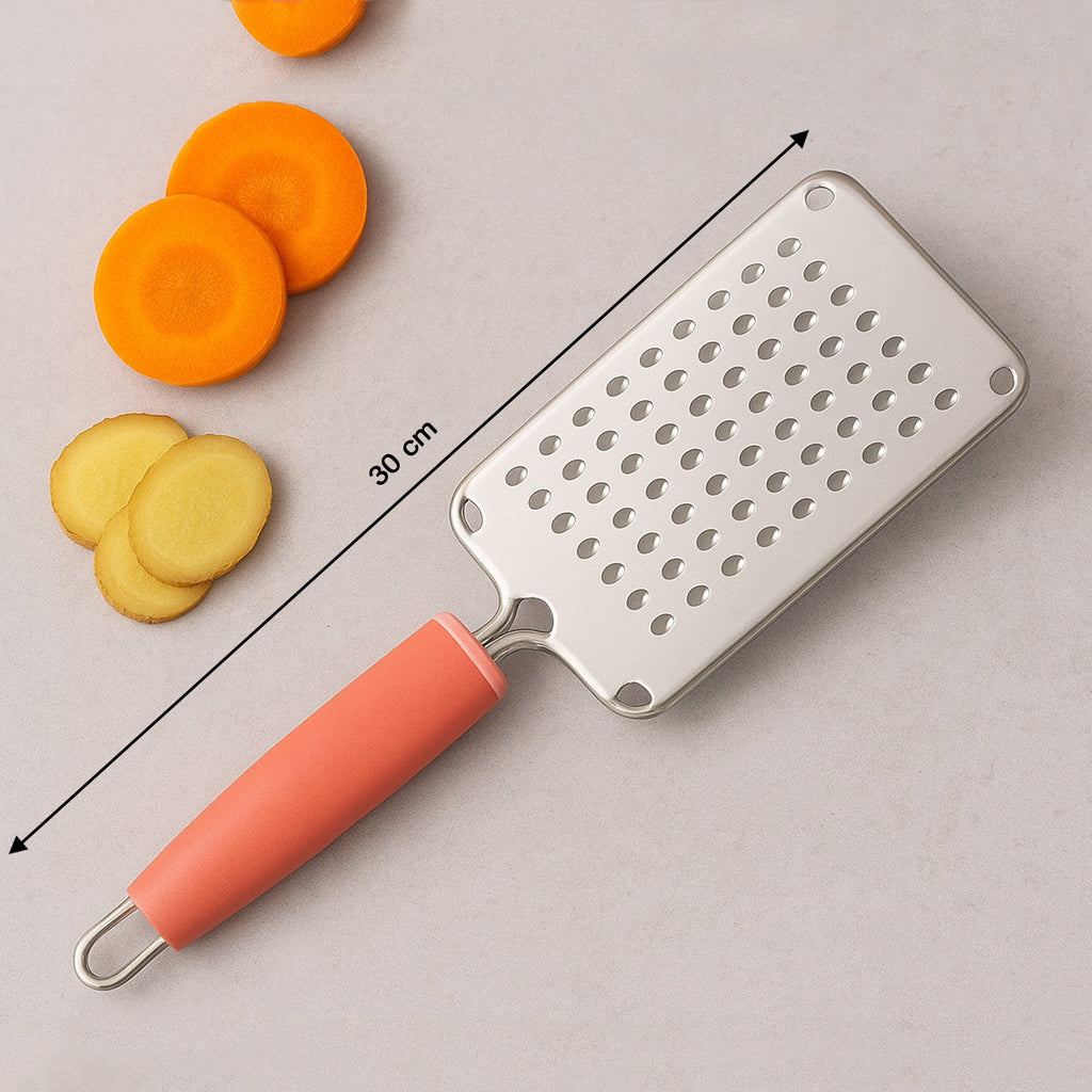 Handheld stainless steel grater with soft grip handle for cheese and vegetables