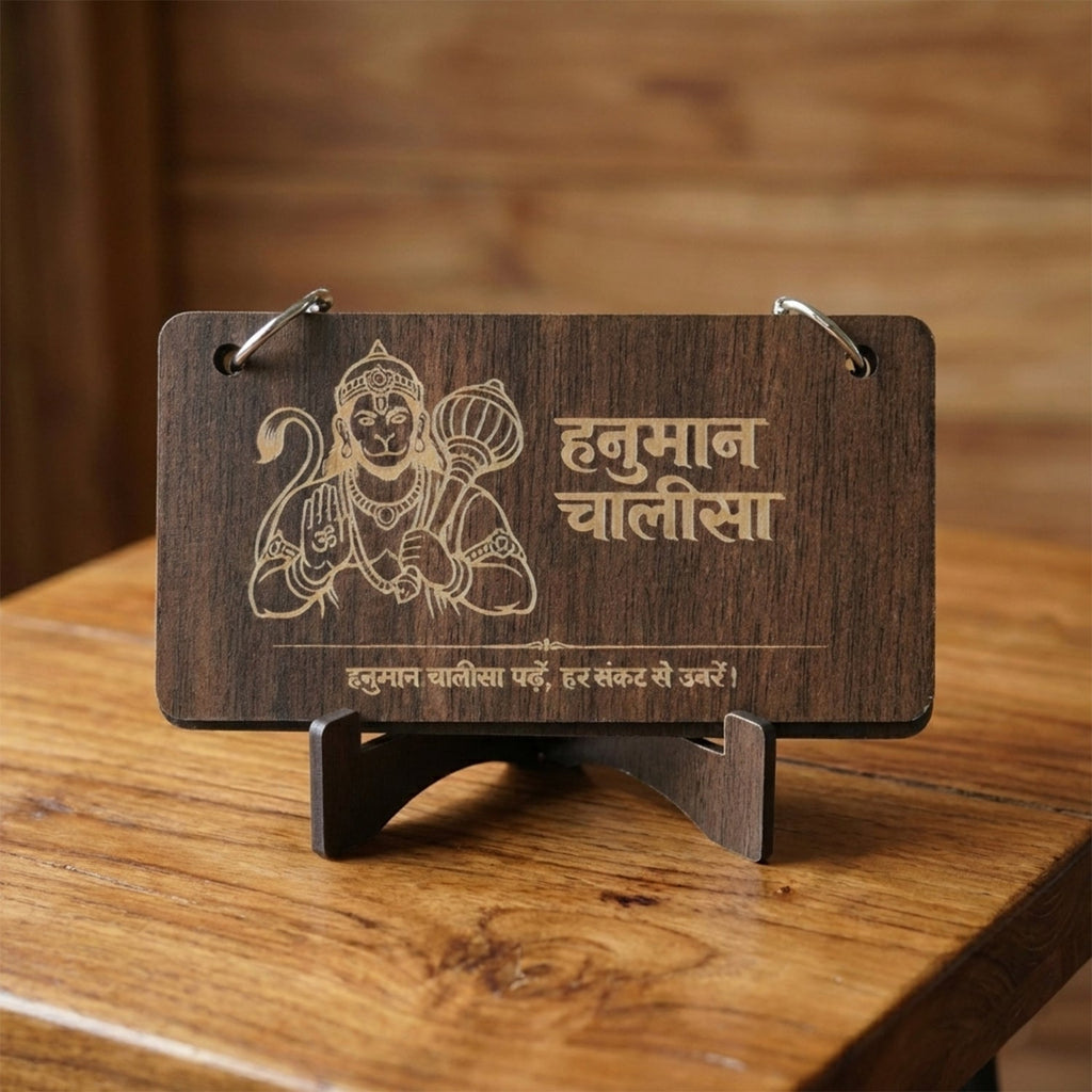 Full view of Hanuman Chalisa wooden flip book with accompanying stand
