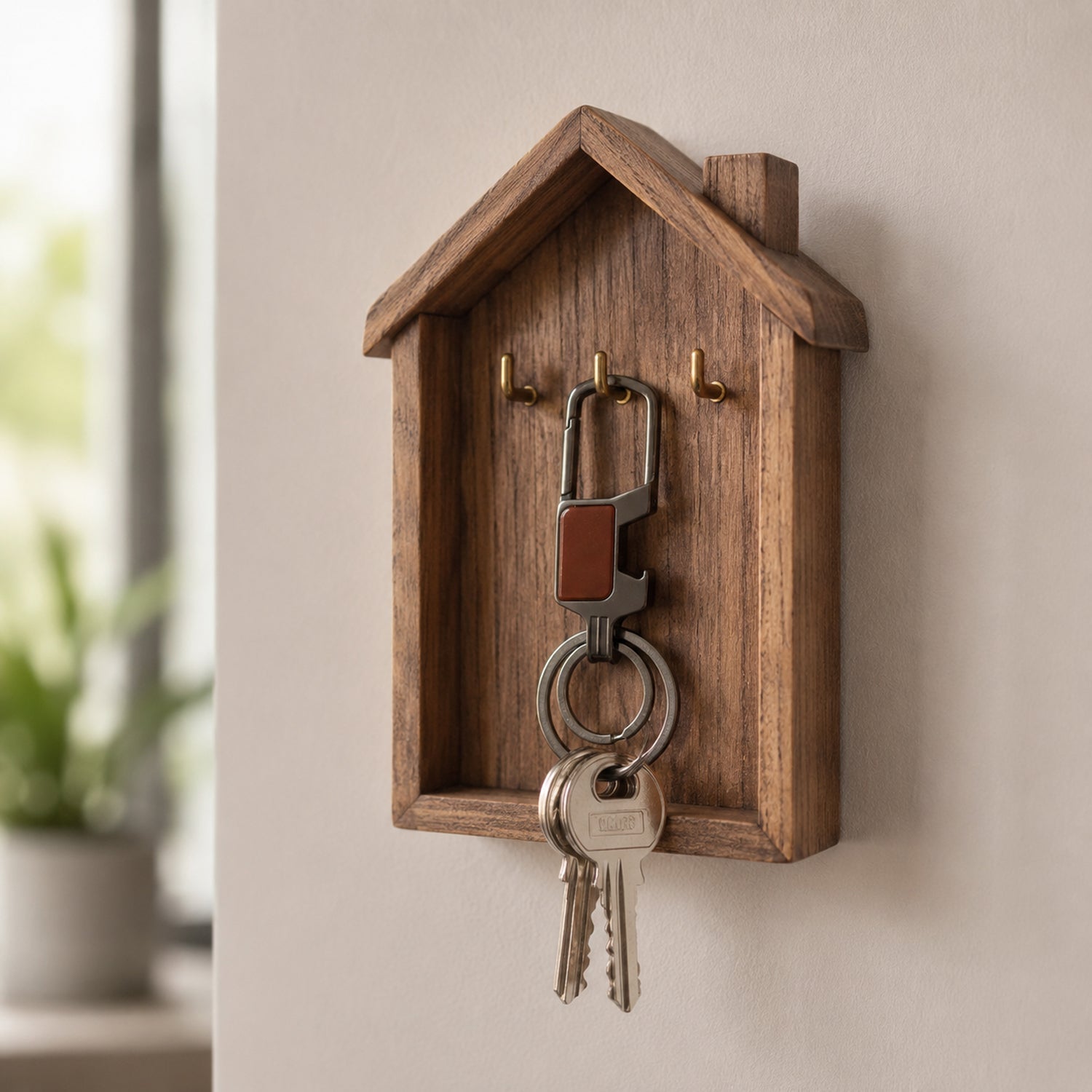 Close-up of metal key holder showing safety lock clip