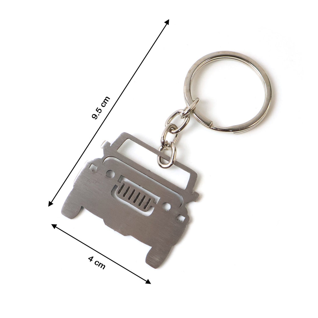 Close-up detail of laser-cut metal jeep keychain accessory