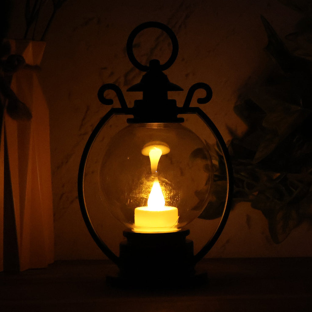 Decorative LED storm lantern displaying flickering flame effect on table