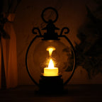 Decorative LED storm lantern displaying flickering flame effect on table