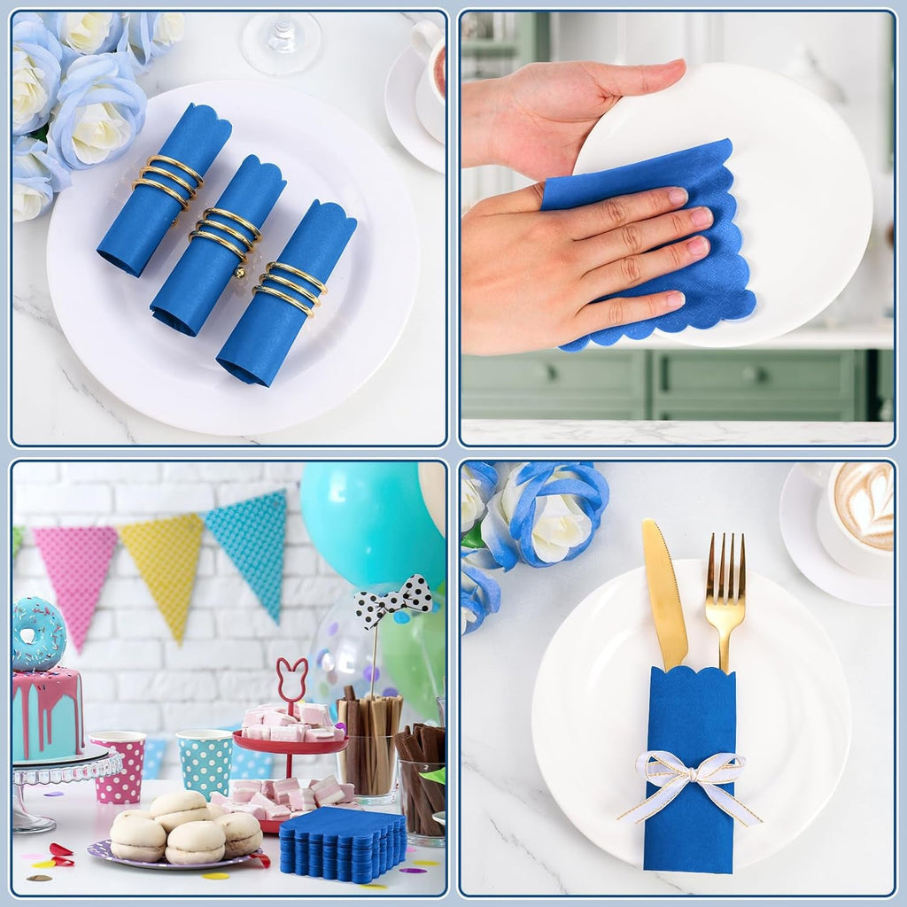 Stack of 120 royal blue scalloped paper napkins ready for party