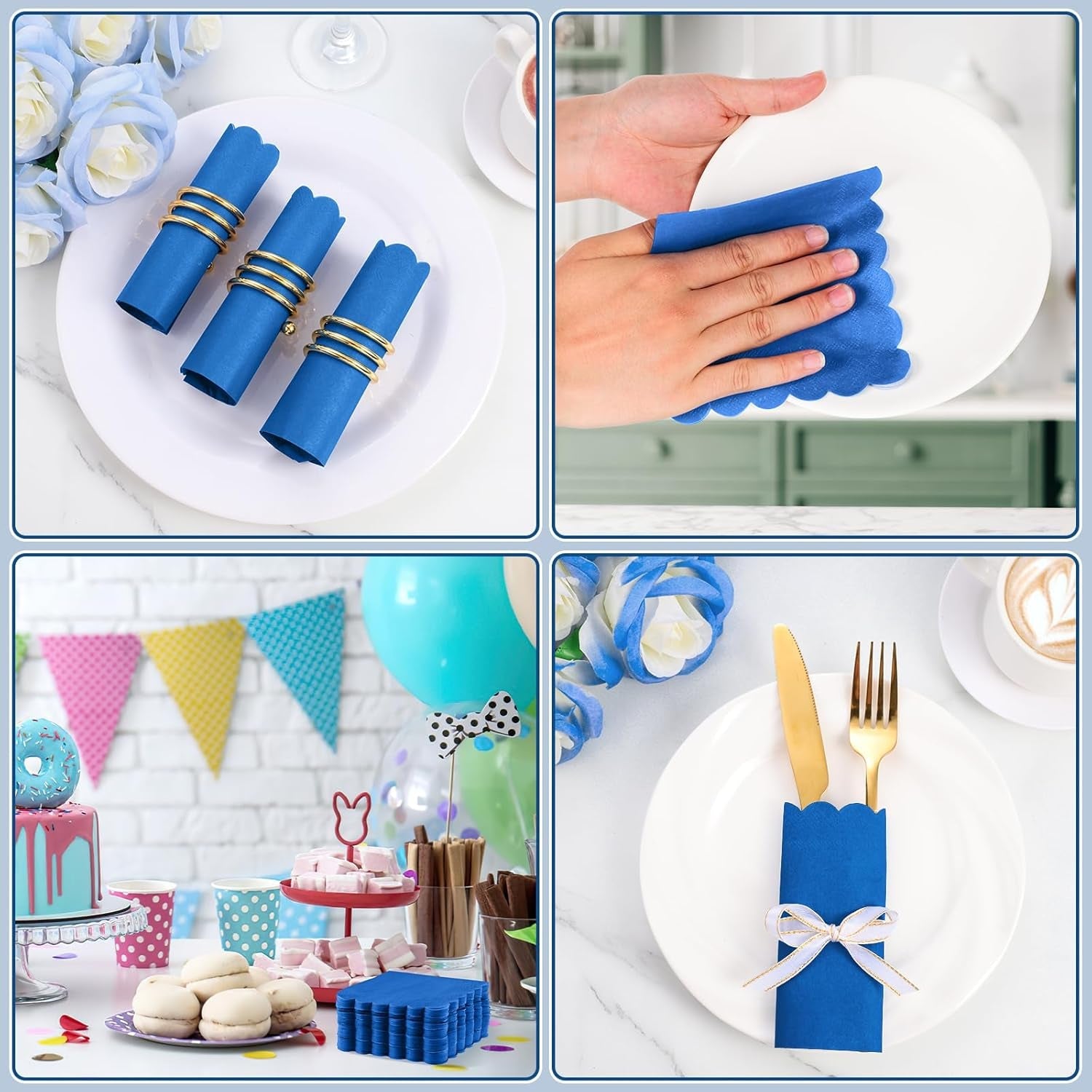 Stack of 120 royal blue scalloped paper napkins ready for party