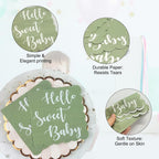 Disposable paper napkin set in mint green with Hello Sweet Baby design for celebrations