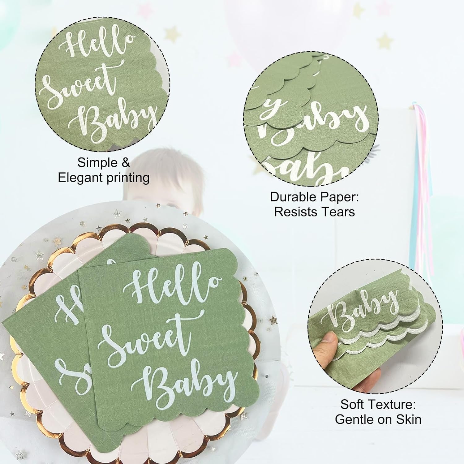 Disposable paper napkin set in mint green with Hello Sweet Baby design for celebrations
