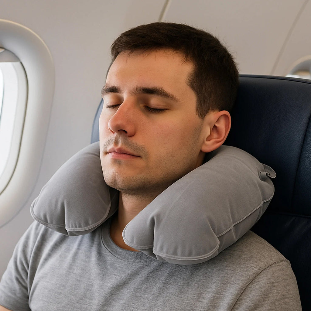 Compact travel sleep kit showing eye mask and neck support pillow